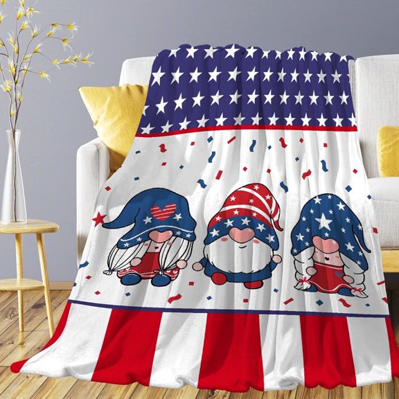 Independence Day Gnome Blanket Lightweight Cozy Super Soft Flannel Fleece Throw Big Twin Blankets Home Decor for Bed Living Room 80"x60" Queen for Adult