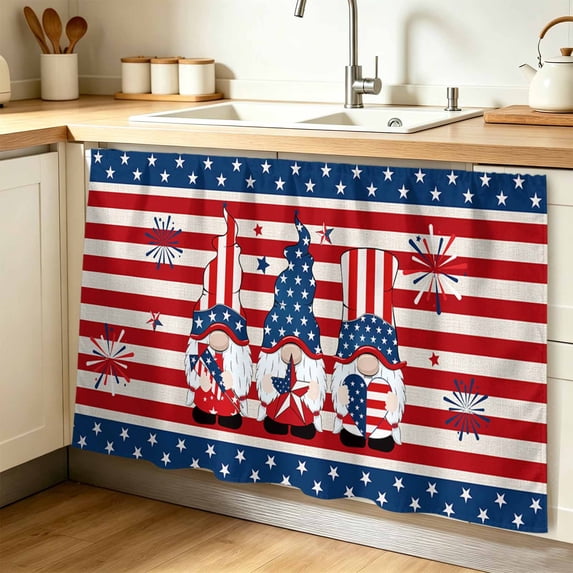 Independence Day Gnomes Cabinet Curtain 32"Wx55"L, Dustproof Pantry Door Curtain with Self Adhesive Tape, 4th of July Red Striped Tall Storage Cover Privacy Drape for Bathroom Kitchen Laundry Room