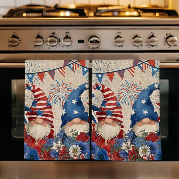Independence Day Gnomes Kitchen Towels Set of 1, Red Blue Poppy Floral Beige Absorbent Dish Towels for Kitchen, Microfiber Hand Towel, Quick Drying Tea Towel for Cleaning Decorative Dishcloths