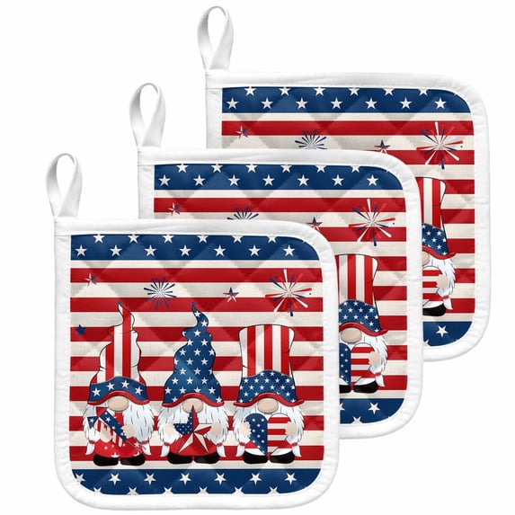 Independence Day Gnomes Pot Holders for Kitchen Heatproof Potholder, 3 Pack 4th of July Red Striped Hot Pads Multipurpose Oven Pads Cloth Potholders Trivet for Cooking Baking