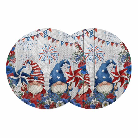 Independence Day Gnomes Round 13 Inch Placemats Set of 2, Red Blue Floral Gray Wood HeatResistant Non Slip Place Mats for Dining Table, Wipeable Braided Kitchen Table Mats for Housewarming