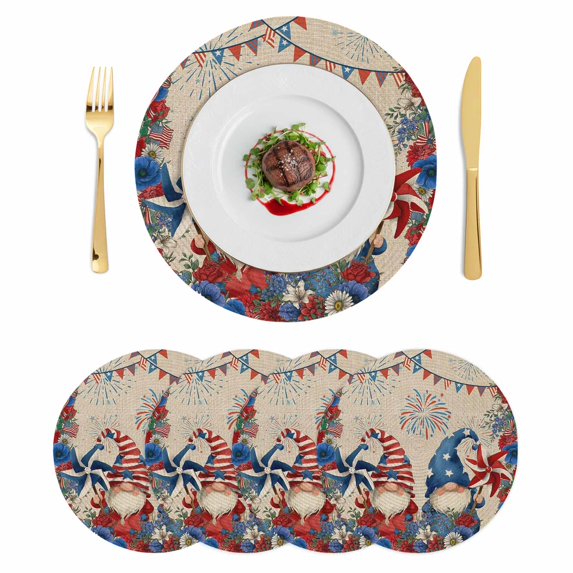 Independence Day Gnomes Round 13 Inch Placemats Set of 4, Red Blue Poppy Floral Beige HeatResistant Non Slip Place Mats for Dining Table, Wipeable Braided Kitchen Table Mats for Housewarming