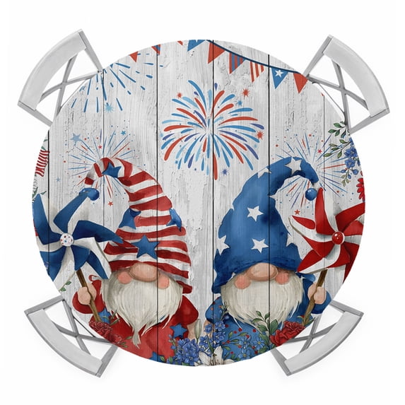 Independence Day Gnomes Round Tablecloth for 36-44 Inch Tables, Fitted Table Cover with Elastic Edge, Red Blue Floral Gray Wood Waterproof Outdoor Table Cloth Protector for Patio Garden Dinner Picnic