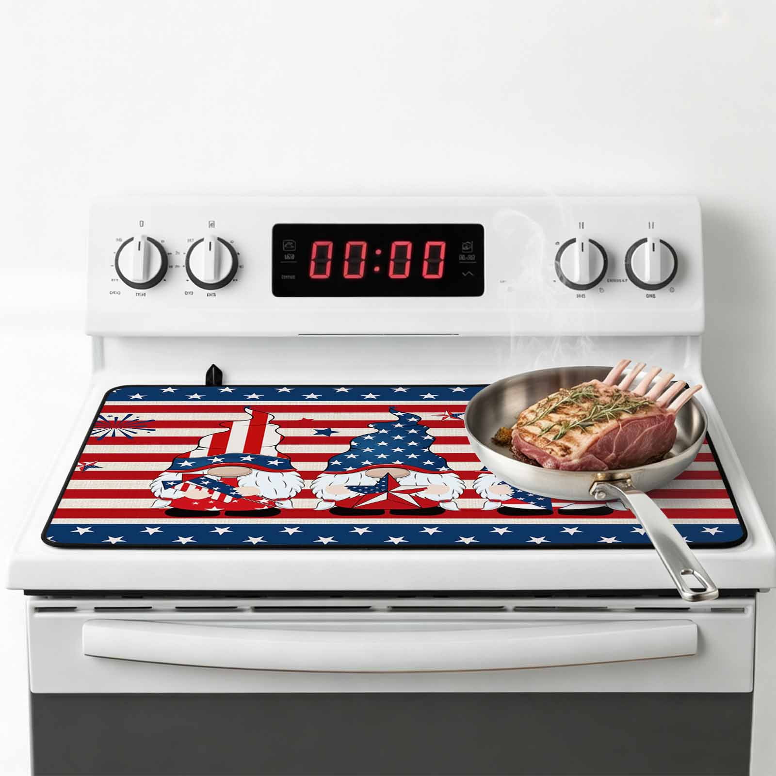 Independence Day Gnomes Stove Top Cover for Electric Stove, Heat-proof & Non Slip Glass Top Stove Cover Protector, 4th of July Red Striped Kitchen Flat Cooktop Rubber Mat 24x21 Inches