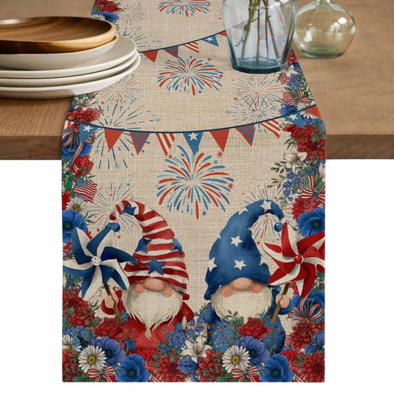Independence Day Gnomes Table Runner 36 Inches, Red Blue Poppy Floral Beige Bed Runner Dresser Scarves Tabletop for Indoor Outdoor Parties/Ceremony/Banquet, 13"x 36"