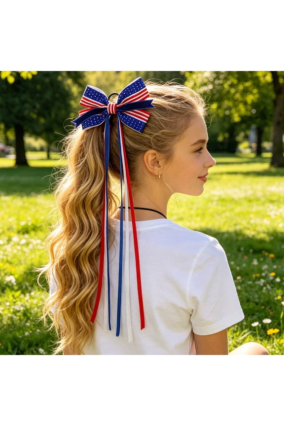 Independence Day Hair Accessory Set, 4th of July Decorations, Star Flag Printed Hair Bow for Parade BBQ, Flexible Stylish Scrunchies for Outfit Matching Festival Decor