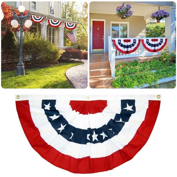 Independence Day Half Fan Flag Fence Pendant Bunting Flag Red White Blue Banner Outdoor Garden Hanging Decoration for 4th of July Memorial Day Anniversary Celebration 35.4*70.87in