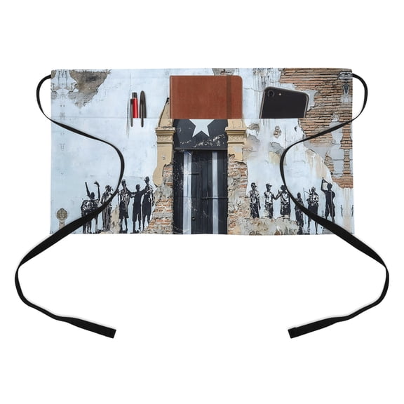 Independence Day Half Waist Apron Shabby Puerto Rico Flag Rustic Mottled Door Wall Short Waiter Aprons with 3 Pockets for Women Men Kitchen Restaurant Cooking