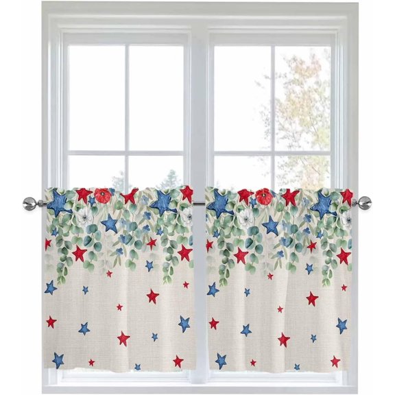 Independence Day Half Window Curtain 36 Inches Long, 4th of July Star Eucalyptus Leaf Burlap Window Treatment Curtain Drapes, Small Tier Curtains for Bathroom Over Sink, 27.5"x36", 2 Panels