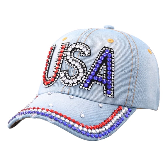 Independence Day Hat 4th of July Unisex USA American Flag Baseball Cap, Denim Distressed Rhinestone Hat for Adults, Fun Rhinestone Baseball Cap