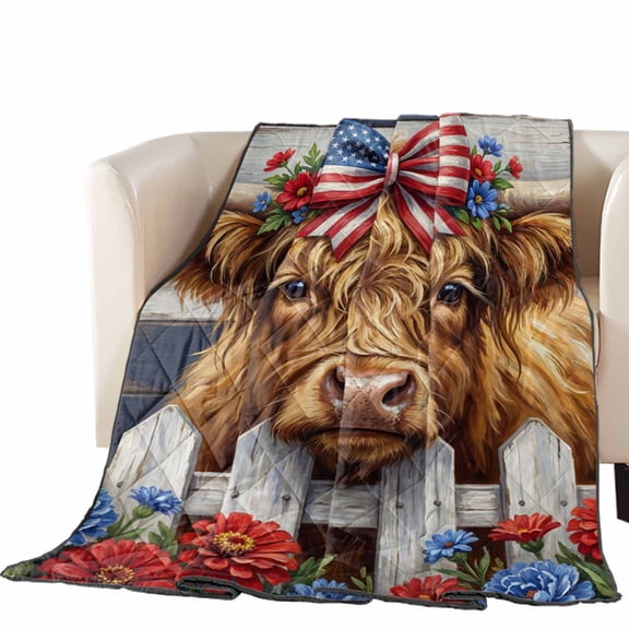 Independence Day Highland Cattle Quilted Comforters Cooling Blanket Full Size, 4th of July Farm Red Blue Bow Flowers Cold Comfort for Hot Sleepers Lightweight Air Conditioning Quilt Blanket for Bed