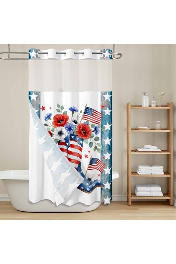 Independence Day No Hook Shower Curtain with Snap in Liner, American Flag Boots Flowers Blue Wood Grain Waterproof Shower Curtains with See Through Top Window Liner for Bathroom, 36x78 Inches