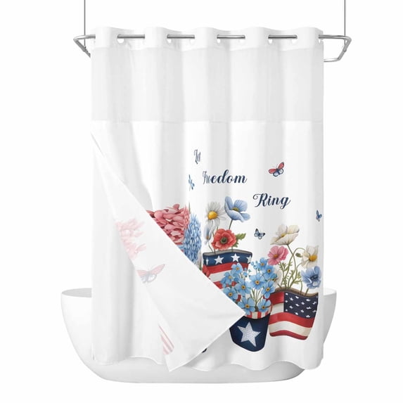 Independence Day No Hooks Shower Curtain with Snap-in Liner Blue Pink Red Floral American Flag Flowerpot Shower Curtains for Bathroom, Waterproof, Easy Install, Washable 72"x96"