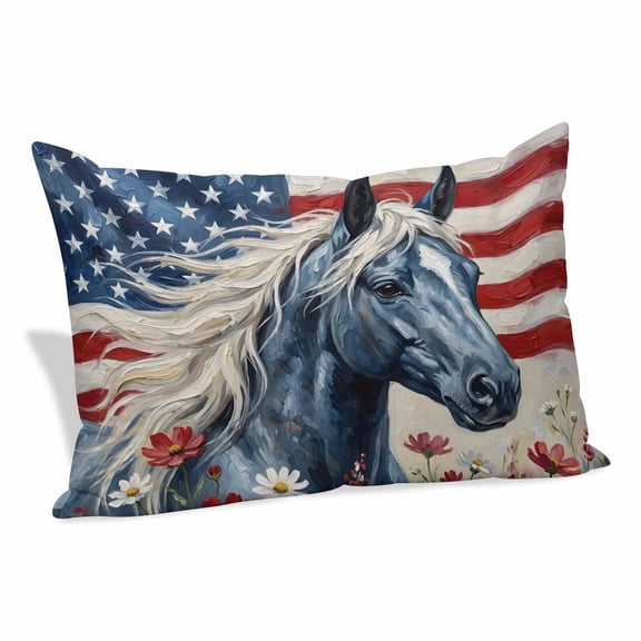Independence Day Horse Throw Pillow Covers, Patriotic Red Blue Star Stripe USA Flag Flower Decorative Lumbar Throw Pillowcase Cushion Cover with Smooth Hidden Zipper for Bedroom Sofa 16 x 24 Inches