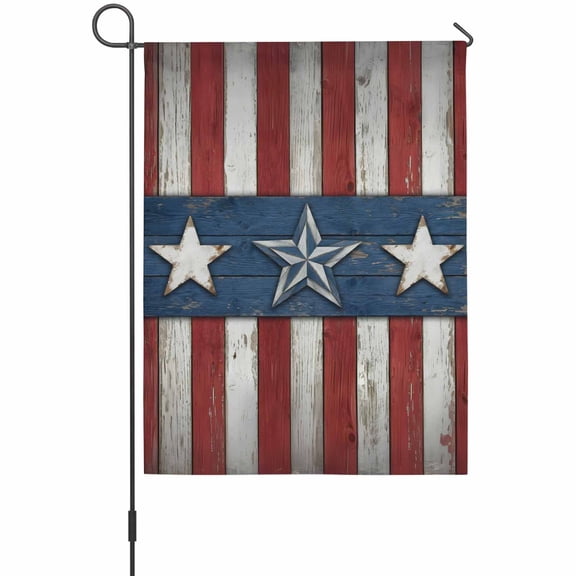 Independence Day House Flag 28 x 40 Inches, Metal Retro Five-Pointed Stars Wood Grain Weather Proof Outdoor Patio Flags Double Sided Small House Decoration for Yard Lawn Outside Home