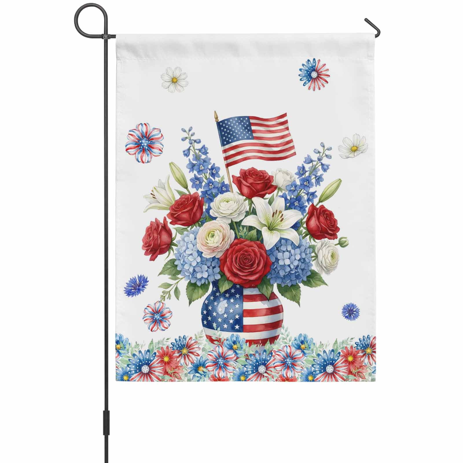 Independence Day House Flag 28 x 40 Inches, Red Blue White Floral Vase USA Flag Weather Proof Outdoor Patio Flags Double Sided Small House Decoration for Yard Lawn Outside Home