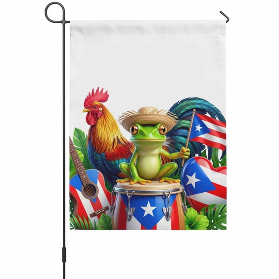 Independence Day House Flag 28 x 40 Inches, U. S. Flag Themed Cartoon Frog Rooster Durm Guitar Weather Proof Outdoor Patio Flags Double Sided Small House Decoration for Yard Lawn Outside Home