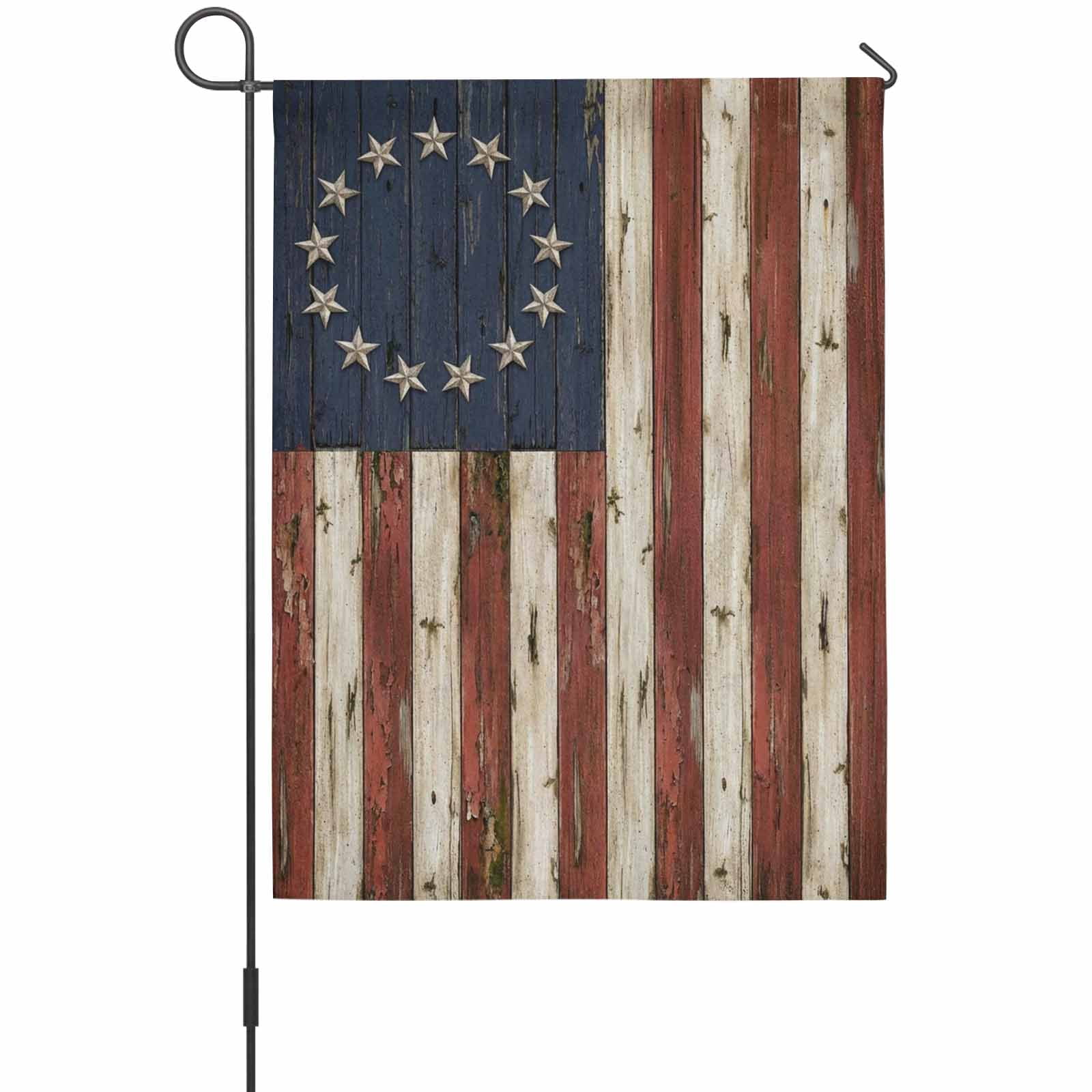 Independence Day House Flag 28 x 40 Inches, Watercolor U. S. Flag Metal Star Retro Wooden Board Weather Proof Outdoor Patio Flags Double Sided Small House Decoration for Yard Lawn Outside Home
