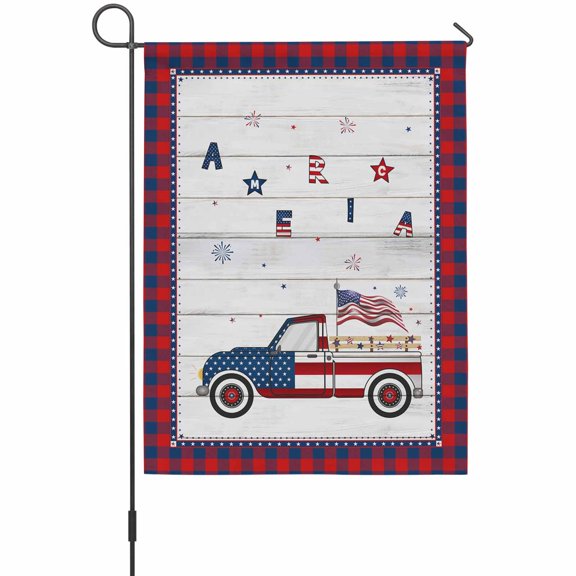 Independence Day House Flags For Outdoor, American Flag Truck on Rustic Wooden Grain Small Double Side Yard Flags Weather Proof House Decor for Lawn Outside Holiday 28 x 40 Inches