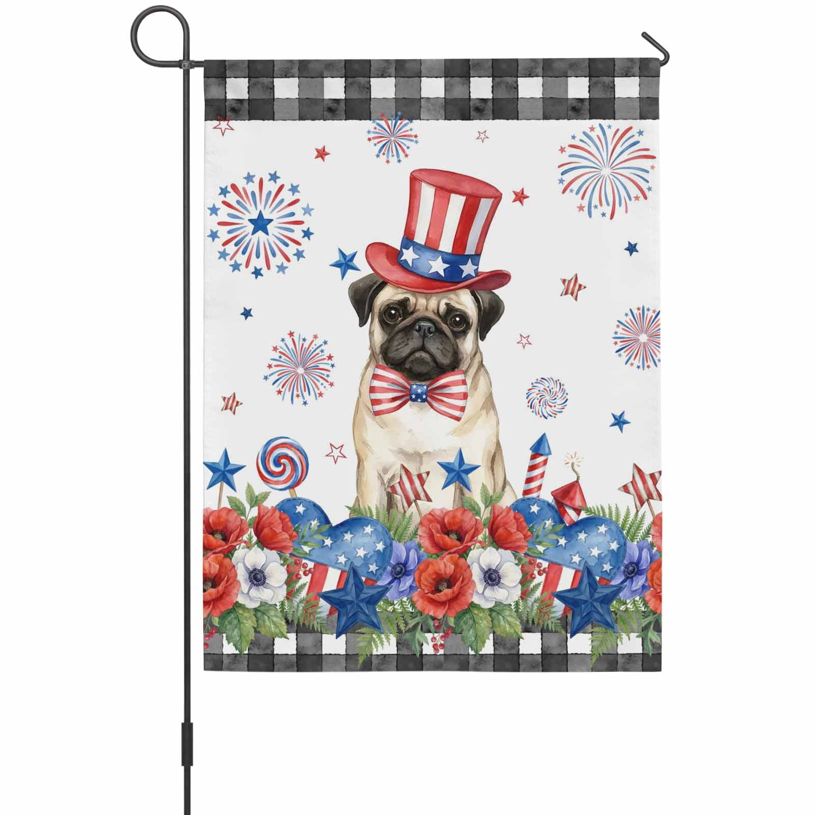 Independence Day House Flags For Outdoor, Cartoon Pug Dog Cute Puppy Red Blue Flower Small Double Side Yard Flags Weather Proof House Decor for Lawn Outside Holiday 28 x 40 Inches