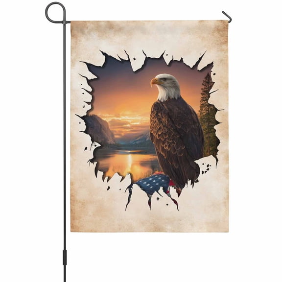 Independence Day House Flags For Outdoor, Eagle Retro American Flag Sunset Country Small Double Side Yard Flags Weather Proof House Decor for Lawn Outside Holiday 28 x 40 Inches