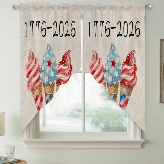 Independence Day Ice Cream Swag Kitchen Curtain Valances, 4th of July Patriotic Red Blue Star Ice Cream Rod Pocket Curtains Window Treatment Decor Valances for Bedroom Bathroom, 2 Panels 36 x 63 Inch
