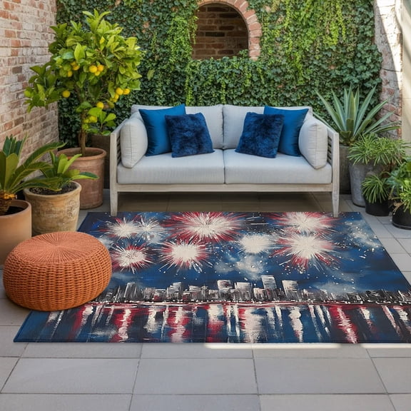 Independence Day Indoor Outdoor Rugs 3x5 Ft, Fireworks City Night Scene Patriotic Outdoor Patio Rugs Mat Washable Outside Area Rugs Carpet for Porch Deck RV Camping Pool Balcony Backyard
