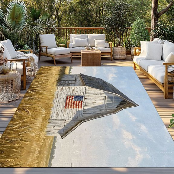 Independence Day Indoor Outdoor Rugs 3x5 Ft, Rustic White Barn USA Flag Wheat Field Outdoor Patio Rugs Mat Washable Outside Area Rugs Carpet for Porch Deck RV Camping Pool Balcony Backyard