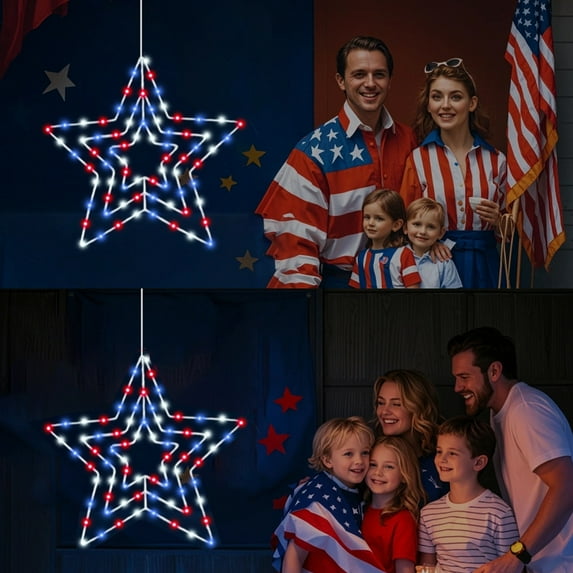 Independence Day Iron Forged Led Star Lights - Red White & Blue Glowing Pentagram Window Decor With Light Modes, Patriotic Fourth Of July Us Soldiers Memorial Day Decoration For Home,Yard & Holiday