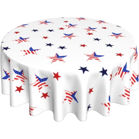 Independence Day July 4th Round Tablecloth 60 Inch Waterproof Spillproof Stain Resistant Star Patterned Washable Patriotic Table Cloth for Holiday Picnic Party