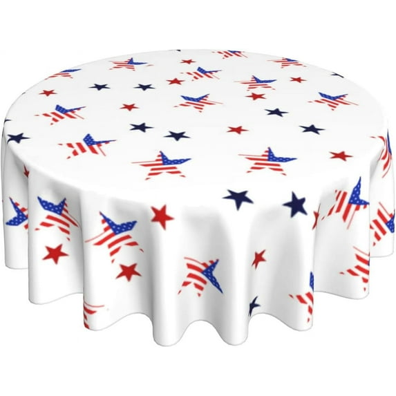 Independence Day July 4th Round Tablecloth 60 Inch Waterproof Spillproof Stain Resistant Star Patterned Washable Patriotic Table Cloth for Holiday Picnic Party