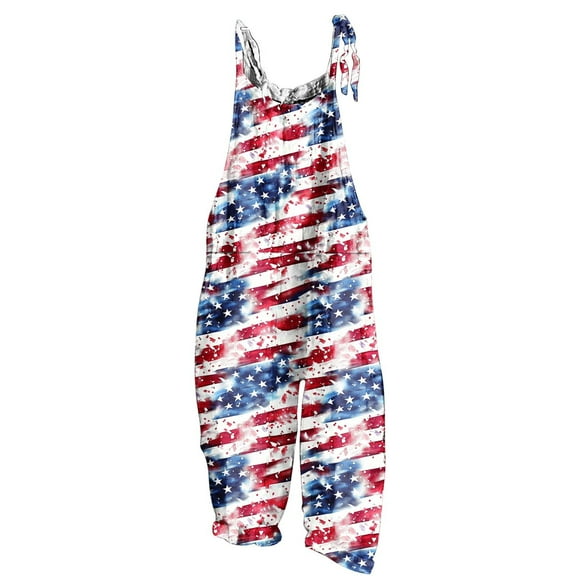 Independence Day Jumpsuits Women American Flags Printed Overalls Summer Sleeveless Onesie Scooped Neck Rompers 4th July Backless Jumpsuit Loose Long Leg Playsuits Patriotic Clothes