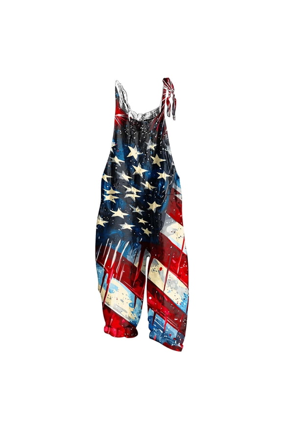 Independence Day Jumpsuits for Women Funny Star Stripes Printed Spaghetti Straps Rompers Holiday Party Harem Pants