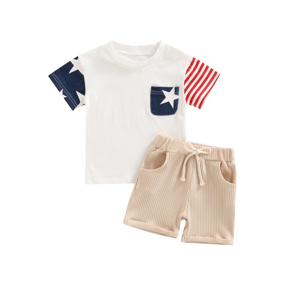 Independence Day Kid Boys Summer Clothing Set Casual Short Sleeve Star Stripe Printed Top Drawstring Shorts