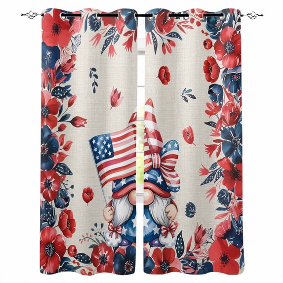 Independence Day Kitchen Curtains Patriotic Gnomes USA Flag Flowers Retro Cafe Short Curtains for Bathroom Blackout Window Curtain Small Window Treatment Drapes for Bedroom Living Room 27.5"x39"x2
