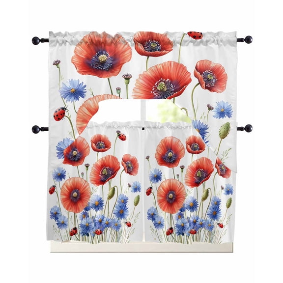 Independence Day Kitchen Curtains Sets 24 Inch Length with Valance, Vintage Flower Watercolor Red Blue Swag Valances and Tiers Curtain Set Drapes Swag Curtains for Living Room, Bathroom, Bedroom
