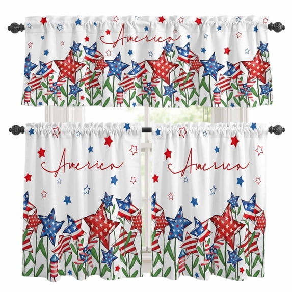 Independence Day Kitchen Curtains Sets for Windows 24 Inch Length, 4th of July Red Blue Stars Patriotic Rod Pocket Window Treatments Tier Curtains and Valances Set for Bedroom/Bathroom
