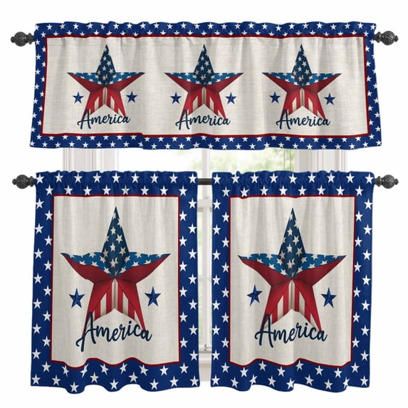 Independence Day Kitchen Curtains Sets for Windows 36 Inch Length, 4th of July Patriotic Star Usa Flag Rod Pocket Window Treatments Tier Curtains and Valances Set for Bedroom/Bathroom