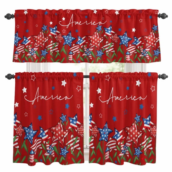 Independence Day Kitchen Curtains Sets for Windows 36 Inch Length, 4th of July Red Striped Stars Patriotic Rod Pocket Window Treatments Tier Curtains and Valances Set for Bedroom/Bathroom