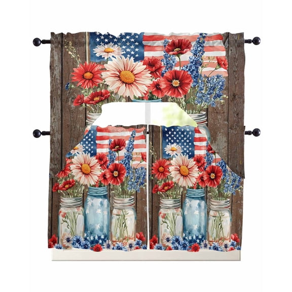 Independence Day Kitchen Curtains Swag Valance and Tier Curtains Set 24 Inch Length, Red Blue Patriotic Floral Brown Wood Rod Pocket Drape Panels Pair Swag Curtain for Bathroom/Cafe/Window