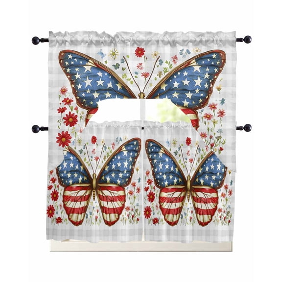 Independence Day Kitchen Curtains Swag Valance and Tier Curtains Set 36 Inch Length, American Flag Butterfly Grey Plaid Rod Pocket Drape Panels Pair Swag Curtain for Bathroom/Cafe/Window