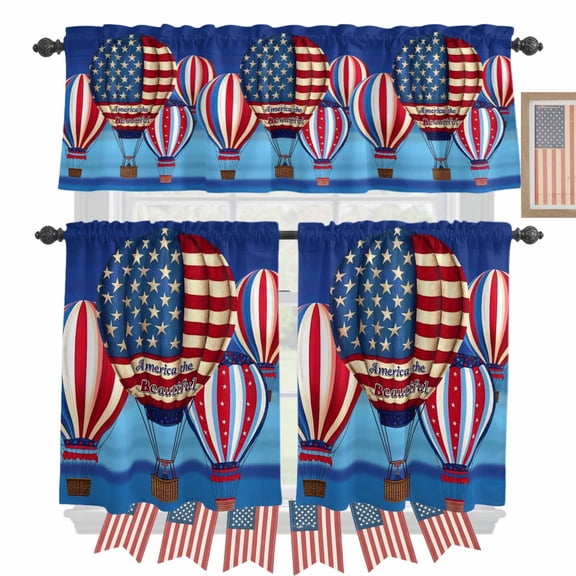 Independence Day Kitchen Curtains Valances 3 Piece Set, America The Beautiful Red Blue USA Flag Rod Pocket Tier Curtain and Valance Drapes for Small Window 24 Inch Length for Bedroom Cafe