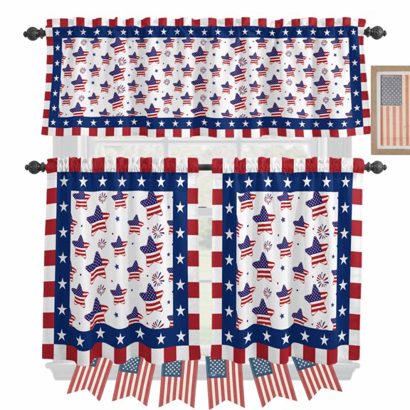 Independence Day Kitchen Curtains Valances 3 Piece Set, American USA Flag Patriotic Star Rod Pocket Tier Curtain and Valance Drapes for Small Window 24 Inch Length for Bedroom Cafe
