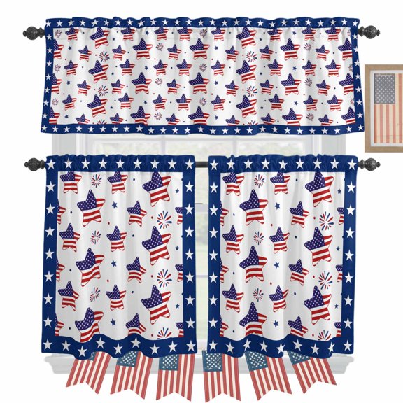 Independence Day Kitchen Curtains Valances 3 Piece Set, American USA Flag Stars Rod Pocket Tier Curtain and Valance Drapes for Small Window 24 Inch Length for Bedroom Cafe