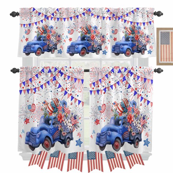 Independence Day Kitchen Curtains Valances 3 Piece Set, Blue Truck USA Flag Rod Pocket Tier Curtain and Valance Drapes for Small Window 24 Inch Length for Bedroom Cafe