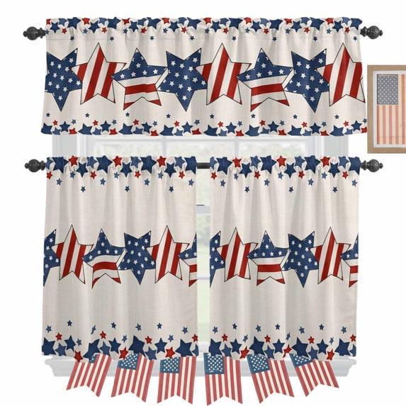 Independence Day Kitchen Curtains Valances 3 Piece Set, Burlap American Flag Blue and Red Stars Rod Pocket Tier Curtain and Valance Drapes for Small Window 24 Inch Length for Bedroom Cafe