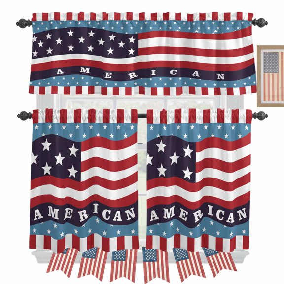 Independence Day Kitchen Curtains Valances 3 Piece Set, The Flag of USA Rod Pocket Tier Curtain and Valance Drapes for Small Window 36 Inch Length for Bedroom Cafe