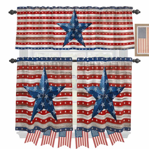 Independence Day Kitchen Curtains Valances 3 Piece Set, Fourth of July USA Flag Stars Rustic Wood Grain Rod Pocket Tier Curtain and Valance Drapes for Small Window 24 Inch Length for Bedroom Cafe