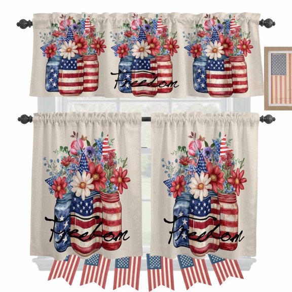 Independence Day Kitchen Curtains Valances 3 Piece Set, Freedom Usa Flag Rod Pocket Tier Curtain and Valance Drapes for Small Window 24 Inch Length for Bedroom Cafe