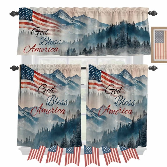 Independence Day Kitchen Curtains Valances 3 Piece Set, God Bless American Mountains Forest Rod Pocket Tier Curtain and Valance Drapes for Small Window 24 Inch Length for Bedroom Cafe